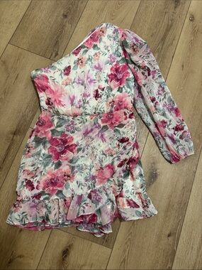 Express Floral One-Shoulder Ruffle Mini Dress - Pink & Green